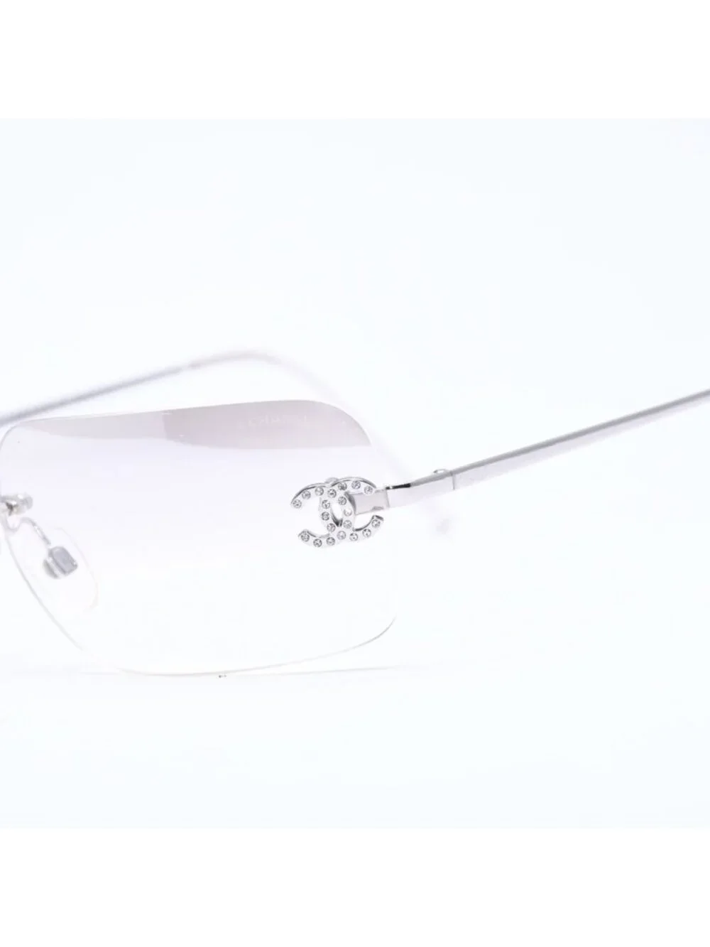 Chanel Rimless Sunglasses CC Logo Rhinestone Gray Gradation Lens Silver Eyewear